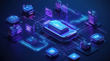 Futuristic digital network, data transfer, interconnected devices, glowing nodes.