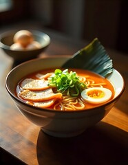 A vibrant food icon showing a bowl of ramen with noodles, sliced pork, green onions, and a soft-boiled egg, placed on a wooden table.