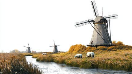 Tranquil Landscape with Classic Windmills, Lush Green Fields, and Peaceful Sheep Grazing Near a Calm Waterway