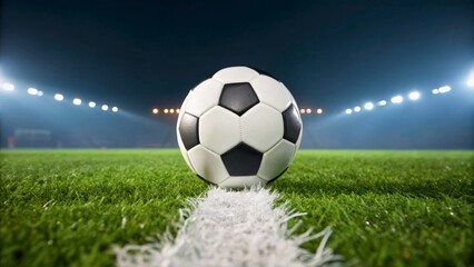 Naklejka premium Soccer Ball on Field with Stadium Lights and Dark Sky at Night