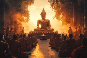 Monks meditate before sunrise Buddha statue