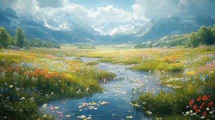 Naklejka premium Alpine meadow stream, wildflowers, snowy mountains