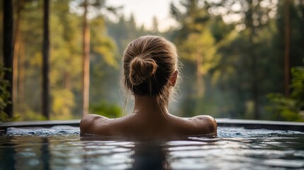 Fototapeta premium Young woman relaxing in hot tub enjoying forest view