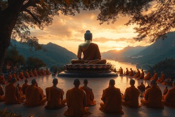 Monks meditate before Buddha statue at sunset, overlooking river