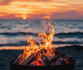 Beach bonfire sunset ocean waves fire (2)