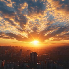 Fototapeta premium Dramatic Golden Hour Sunlight Streaming Over Modern Cityscape with Vibrant Clouds and Vivid Colors
