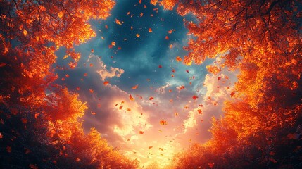 Fototapeta premium Autumn leaves falling from forest canopy at sunset