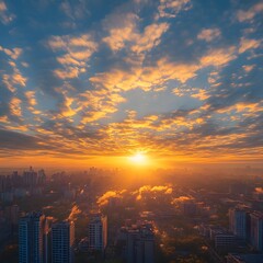 Fototapeta premium Dramatic Golden Hour Sunset Over Towering Cityscape with Wispy Cirrus Clouds and Vivid Colors