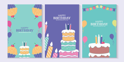 Happy birthday greeting card poster collection set, Birthday greeting template design with cupcake and colorful balloons decoration elements for party invitation card background.