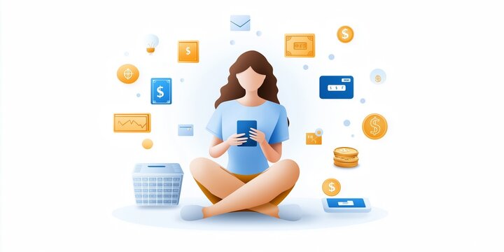 Virtual bank, Online banking, internet payment, e-transaction, financial technology. Woman using mobile phone for e-payment via mobile banking app with financial technology