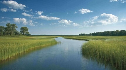 Serene river meandering through lush green marsh under a bright blue sky with fluffy white clouds.