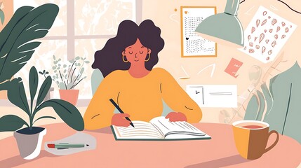 Fototapeta premium A woman is sitting at a desk with a book and a cup of coffee