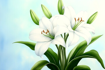 Fototapeta premium A close up of two white flowers with green leaves. The flowers are in full bloom and the leaves are lush and green. The image has a serene and peaceful mood, as the flowers are a symbol of purity