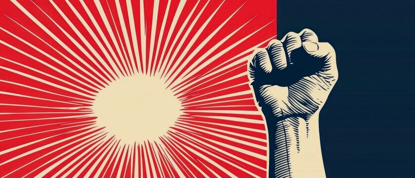 Red Sunburst Background with Raised Fist  Power  Protest  Revolution Image