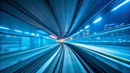 Fototapeta premium Dynamic Motion of a Train in an Urban Environment with Blue Neon Lights and Speed Effect