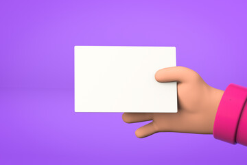 Cartoon Hands Holding a Business Card on Vibrant Purple Background