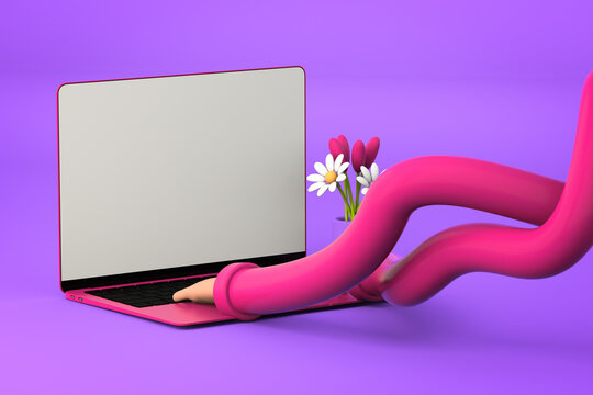 Cartoon Hands using a Laptop on Vibrant Purple Background