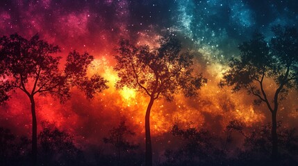 Naklejka premium A forest of glowing, abstract trees against a bold, colorful gradient sky