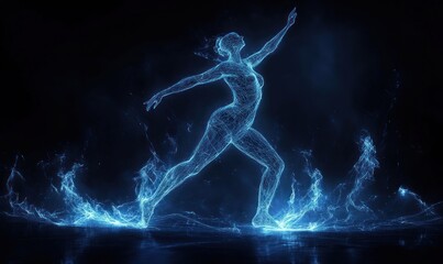Glowing blue female dancer figure in a fiery pose.
