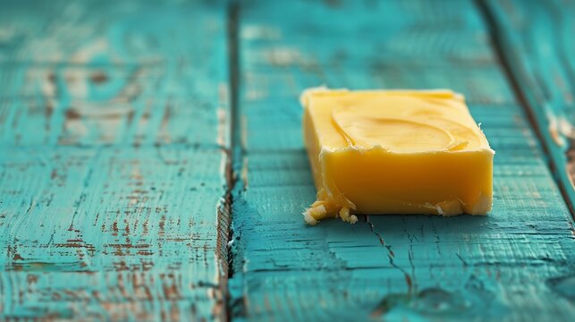 Piece of butter on a blue wooden table