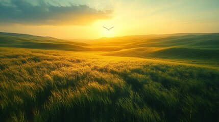 Fototapeta premium Bird soaring over sunlit rolling hills at sunset