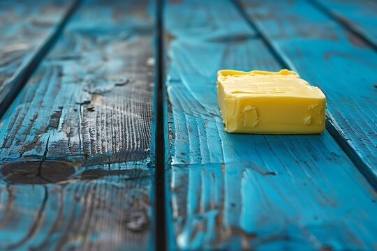 Piece of butter on a blue wooden table
