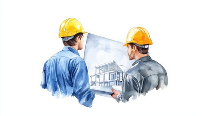 Construction workers inspecting a new residential house, building project overview