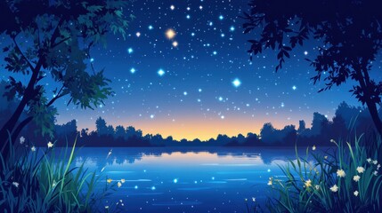 Serene Night Sky Over Calm Water with Bright Stars and Reflections
