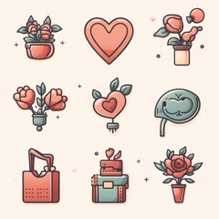 Cute and stylish heart-themed icons, showcasing various love symbols, including a flower bouquet, a heart box, and romantic gifts. 