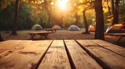 Empty Wooden Table in Warm Outdoor Camping Scene under Scorching Sun