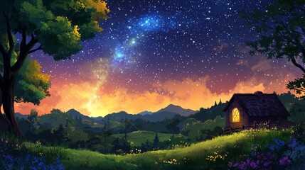 Fototapeta premium Serene Night View of a Cozy Cottage Surrounded by Lush Greenery Under a Sky Full of Stars and a Colorful Sunset