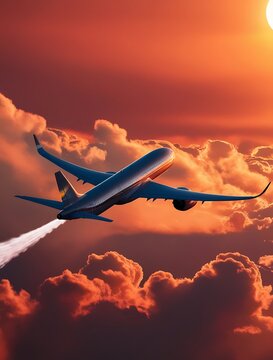 Modern jet airliner soaring at high altitude, leaving a visible contrail as it moves through the stunning evening sky filled with fiery sunset clouds, representing air travel and freedom

