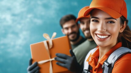 Smiling delivery team member holding a gift box with colleagues in the background, celebrating teamwork