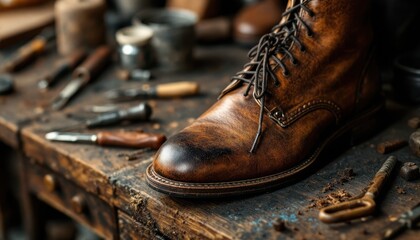 Vintage leather boot on rustic workbench with tools