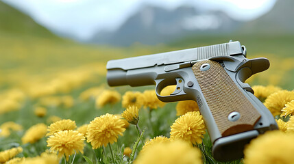 Gun rests in yellow wildflowers, mountain backdrop