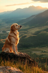 Golden Retriever on Grassy Hill Overlooking Valley at Sunset - A Serene and Majestic Landscape Capturing Freedom and Adventure