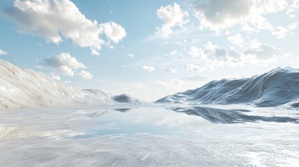 Obraz premium Serene winter landscape with reflective water surface and dramatic cloud formations in clear blue sky