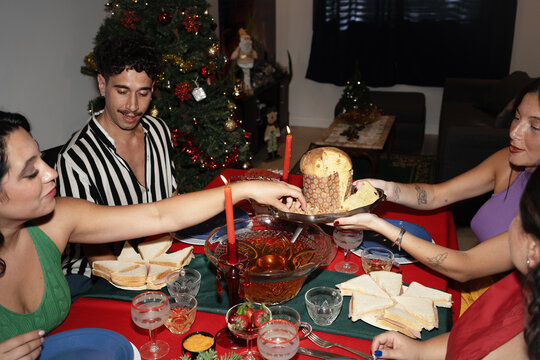 Christmas dinner party - Cheerful group of friends celebrating