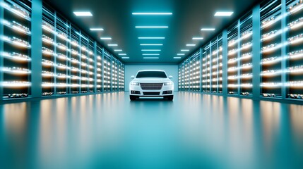 Obraz premium Sleek white car showcased in a modern, illuminated storage facility with glowing shelves