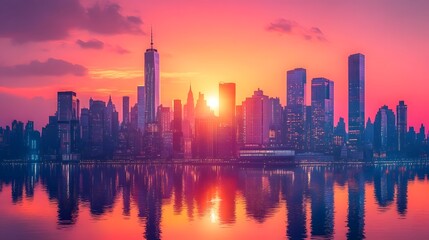 Fototapeta premium Cityscape Sunset with Reflective Skyscrapers and Glimmering Lights