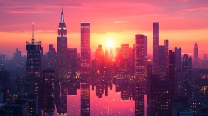 Fototapeta premium Captivating Sunset Cityscape with Towering Skyscrapers and Glowing Reflections