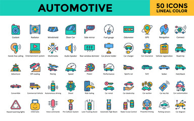 Automotive icon set with coolant, radiator, windshield, door car, side mirror, fuel gauge, odometer, gps, navigation icon. Simple lineal color vector 
