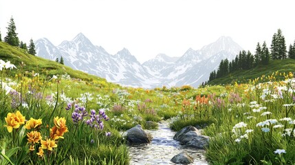 Scenic Mountain Meadow with Wildflowers, Stream, and Snow-Capped Peaks Under Bright Sky