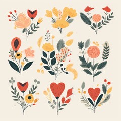 A set of flower illustrations with hearts in the center
