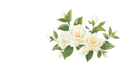 Obraz premium Elegant white flower blossom with lush green leaves on a pristine white background