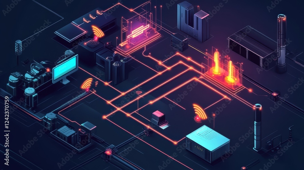 Poster complex network of interconnected buildings, sensors, and digital systems, representing a futuristic