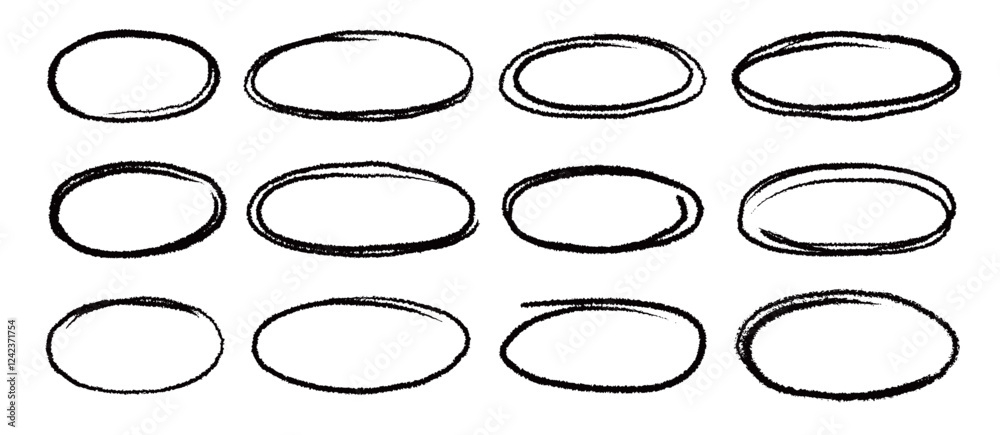 Poster Marker brush marker scribble line oval frame shape set. Hand drawn marker crayon brush stroke highlight round, circular highlight frame element. Scribble sketch round hand drawn vector illustration