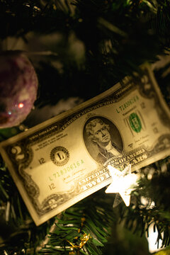Two dollar bill as a Christmas tree ornament