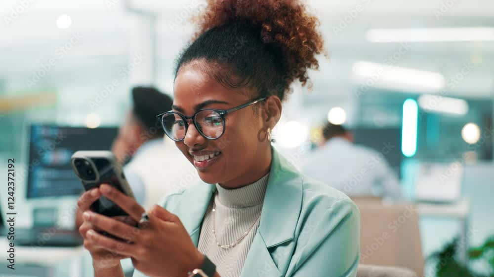Aufkleber Happy woman, software developer and typing with phone for UI, UX or app development at office. Female person, programmer or user with smile on mobile smartphone for online testing or web design