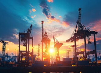 Obraz premium Sunset Harbor Cranes Silhouette, Shipping, Import, Export